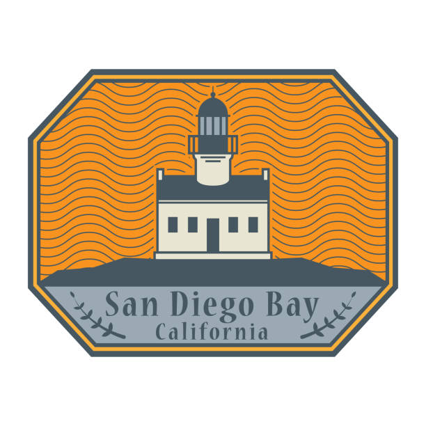 pieczęć lub etykieta z tekstem old point loma lighthouse, san diego bay - label travel san diego california california stock illustrations