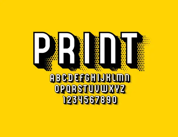 Vector illustration of 3d font, trendy graphic alphabet, modern letters and numbers with halftone effect, vector illustration 10EPS