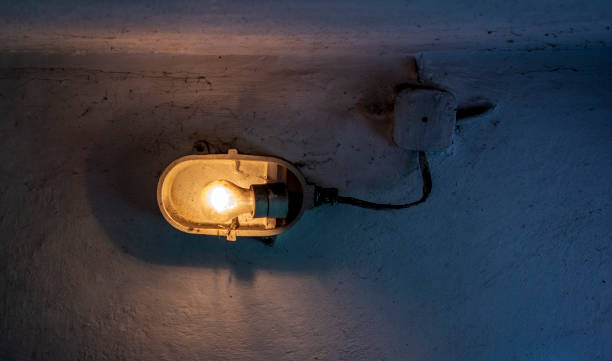 istock Old fashioned storage or factory lamp covered in spider's web 1301543801