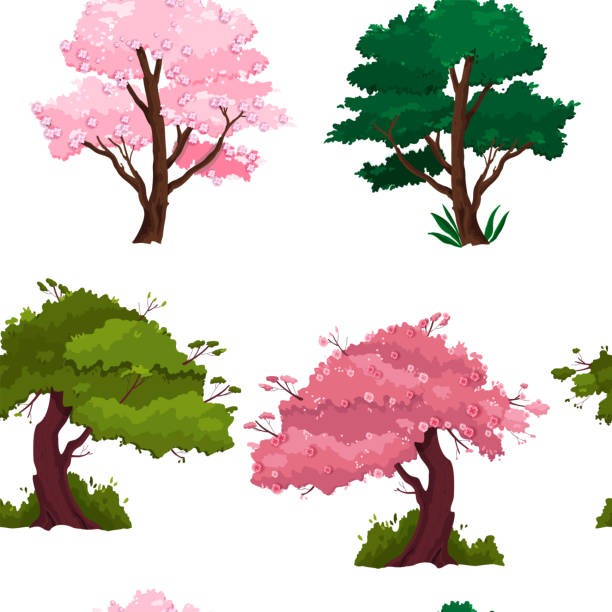 Spring, summer tree seamless pattern with green lush, pink sakura blossom isolated on white background. Nature landscape cartoon texture with plum, oak. Floral park, forest environment tree pattern plum tree stock illustrations