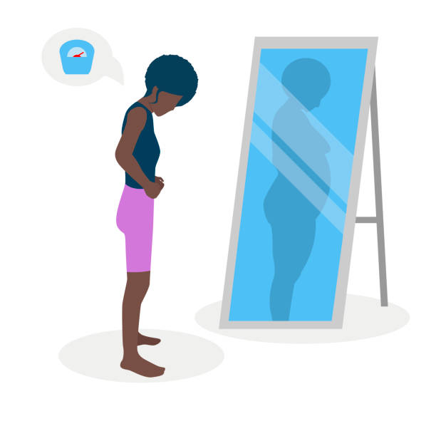 ilustrações de stock, clip art, desenhos animados e ícones de flat vector illustration of a black skinny girl with low self-esteem standing in front of a mirror. the girl looks into her distorted reflection. - anorexia