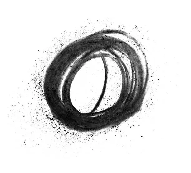 Vector illustration of Abstract hand drawn black charcoal circle on a white paper background with visible multilayer line with crumbs nad dirties around - isolated vector illustration - letter o - number zero - speech bubble - tumbleweed - textured pattern design