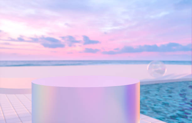 Abstract summer beach scene with a podium and swimming pool background. 3d render.