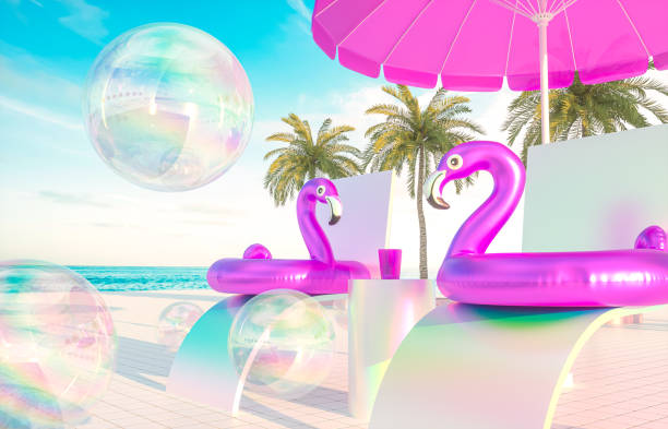 Abstract summer beach scene with pink flamingo on relax chairs background.