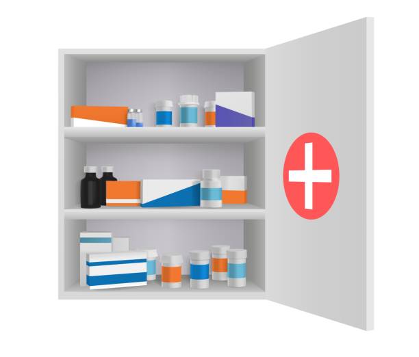 ilustrações de stock, clip art, desenhos animados e ícones de medicine cabinet with tablets pills and drug bottles. home pharmacy in bathroom 3d vector illustration. open box with first aid medication, storage shelf with personal medicine objects - medicine cabinet medicine healthcare and medicine cabinet