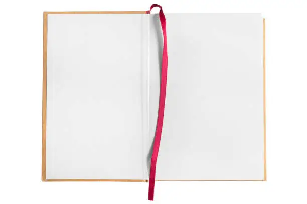 Blank book spread with red lace bookmark isolated over white