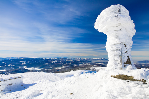 Babia Góra - a mountain massif in the Babia Góra Range belonging to the Beskid Żywiecki in the Western Beskids, Poland. The highest peak is Diablak 1725 m. A beautiful sunny winter day.