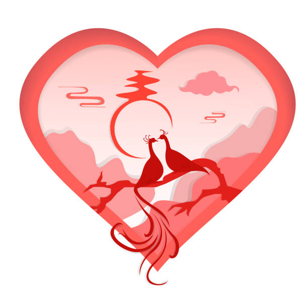 illustrazioni stock, clip art, cartoni animati e icone di tendenza di carino biglietto di san valentino con un paio di uccelli della febbre in rosso isolato su sfondo bianco. biglietto luminoso con uccelli innamorati di san valentino. illustrazione vettoriale - illustration and painting valentines day individuality happiness