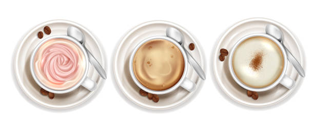 istock Set of realistic coffee cups top view. Cappuccino latte americano espresso cocoa in realistic cups. Vector illustration 1301550392