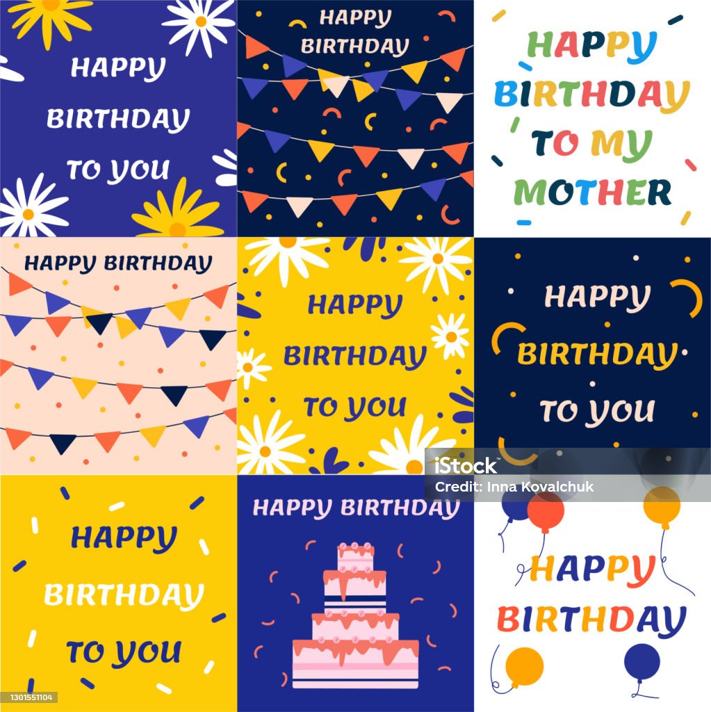 Big Set Of Happy Birthday Cards Vector Illustration With Text ...