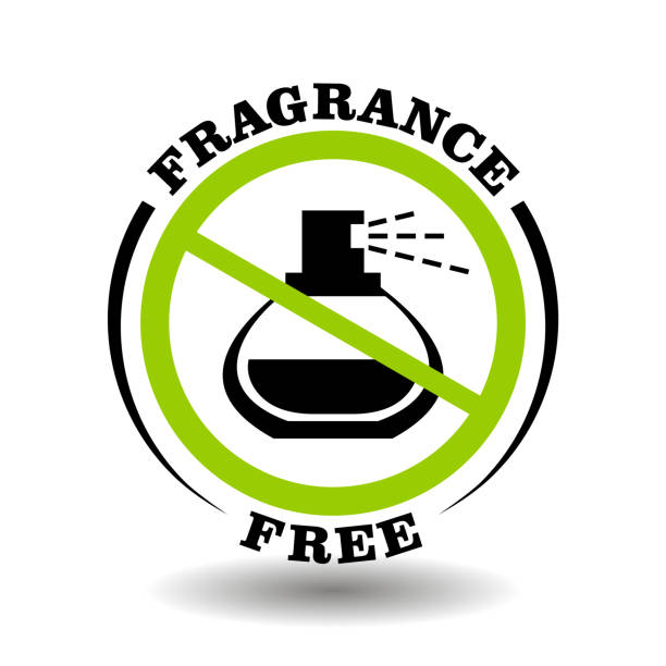 wewangian stempel vektor gratis dengan botol parfum terlarang. ikon bulat untuk kemasan kosmetik organik alami tanpa aroma sintetis dan bau buatan - berbau ilustrasi stok