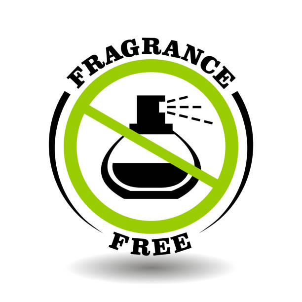 Fragrance free vector stamp with prohibited perfume bottle. Round icon for natural organic cosmetics packaging without synthetic scent and artificial smell Fragrance free vector stamp with prohibited perfume bottle. Round icon for natural organic cosmetics packaging without synthetic scent and artificial smell scented stock illustrations