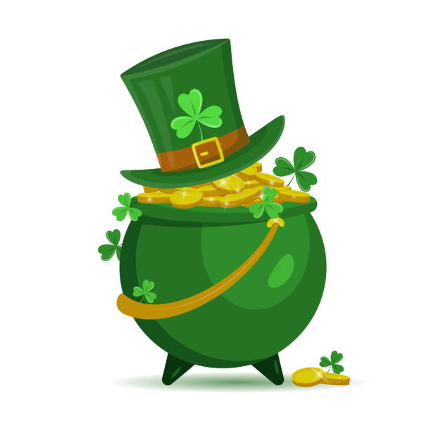 illustrazioni stock, clip art, cartoni animati e icone di tendenza di pentola con monete d'oro, cappello leprechaun e trifoglio isolato su sfondo bianco. - treasure luck treasure chest wealth