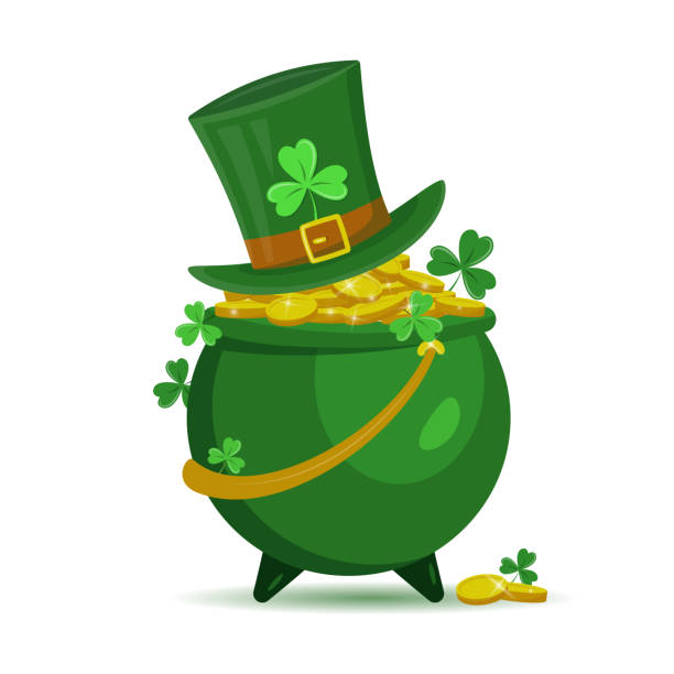 Pot with gold coins, leprechaun hat and shamrock isolated on white background. Pot with gold coins, leprechaun hat and shamrock isolated on white background. St. Patrick's day concept. Vector illustration for greeting cart, banner, flyer, web pages, social media. leprechaun hat stock illustrations