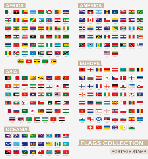 illustrations, cliparts, dessins animés et icônes de timbre-poste avec drapeaux du monde. ensemble de 228 drapeaux mondiaux. - drapeau national