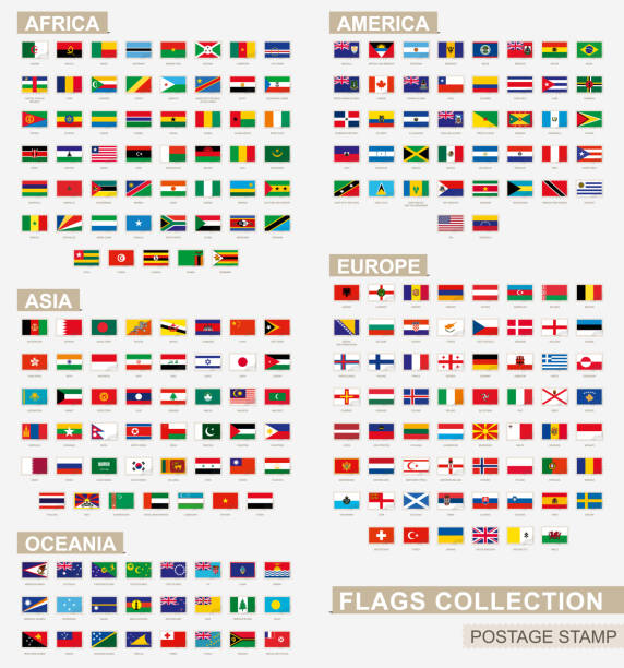 illustrazioni stock, clip art, cartoni animati e icone di tendenza di francobollo con bandiere del mondo. set di 228 bandiere mondiali. - bandiera