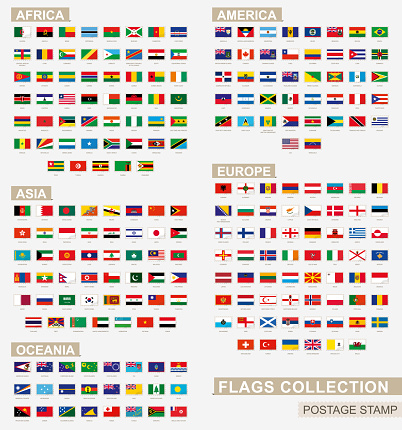 Postage stamp with flags of the world. Set of 228 world flag. Vector Illustration.