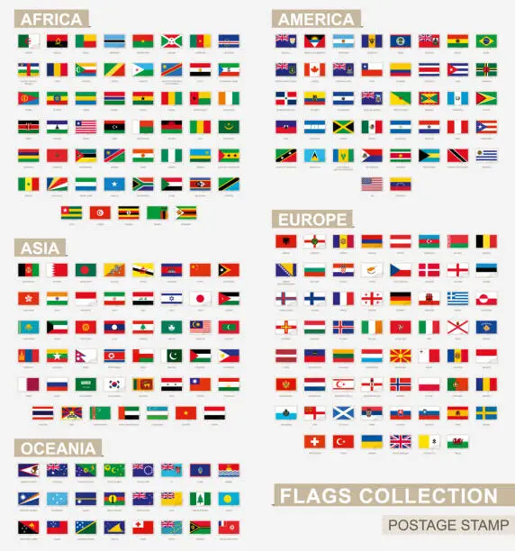 Vector illustration of Postage stamp with flags of the world. Set of 228 world flag.