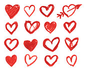 istock Set of 16 hearts hand drawn by red lipstick on white paper background - uneven messy beautiful outlined painted over with arrow single isolated object with jagged edges and not evenly distributed pigments - vector illustration - unique doodles 1301553758