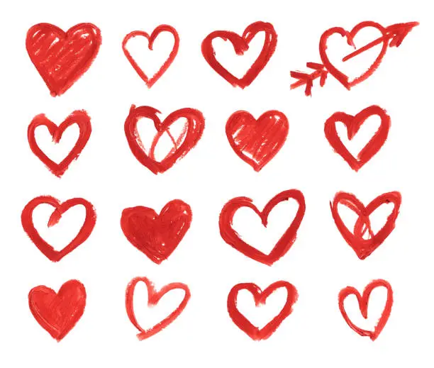 Vector illustration of Set of 16 hearts hand drawn by red lipstick on white paper background - uneven messy beautiful outlined painted over with arrow single isolated object with jagged edges and not evenly distributed pigments - vector illustration - unique doodles