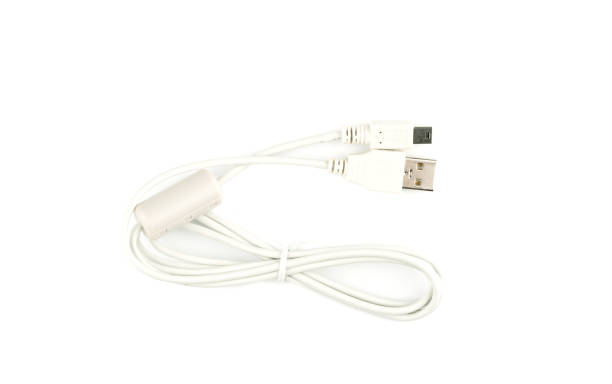 istock Top view of a white data cable with a ferrite filter and USB connectors. 1301554410