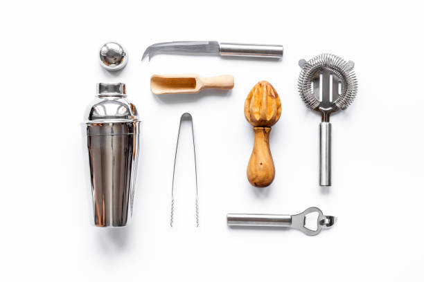 istock Set of bartender tools and accessories with a cocktail shaker 1301554758
