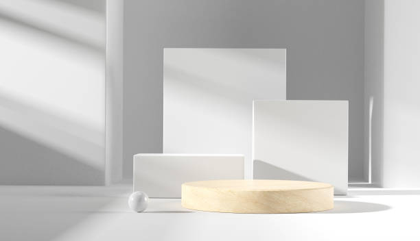 istock Abstract minimal scene with geometric forms. Cylinder wood podium stage in white background. for show product cosmetic presentation. light and shadow. 1301555178