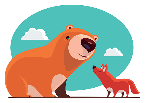 vector illustration of cheerful bear meeting wolf
