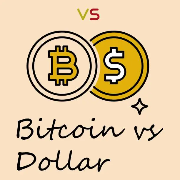 Vector illustration of Bitcoin vs dollar icon. Cryptocurrency and fiat money comparison.