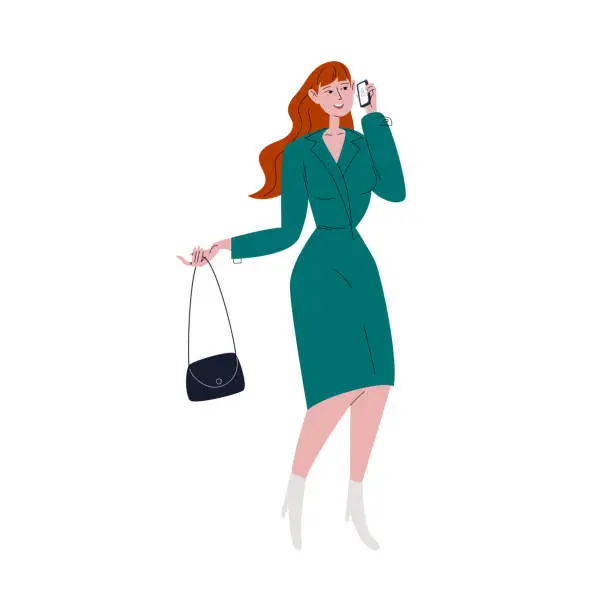 Vector illustration of A red-haired young woman in an emerald dress and white boots. A smiling girl holds a bag in her hand and speaks on the phone. Vector stock illustration isolated on white background.