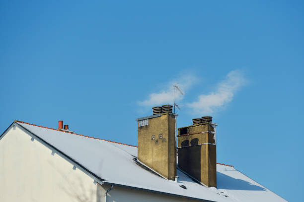 istock Snow day roof and chimneys 1301556299