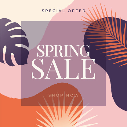 Spring tropical sale banner with palm leaves and exotic plants. Stock illustration