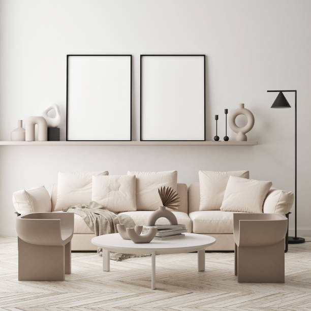 istock mock up poster frame in modern interior background, scandinavian style, 3D render 1301558883