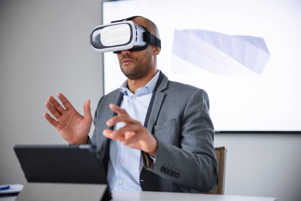 istock Corporate Business Man Interacting With A 3D Model In A Virtual Reality Headset 1301560052