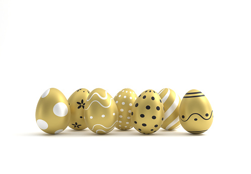 3D Golden Easter Eggs on White Background