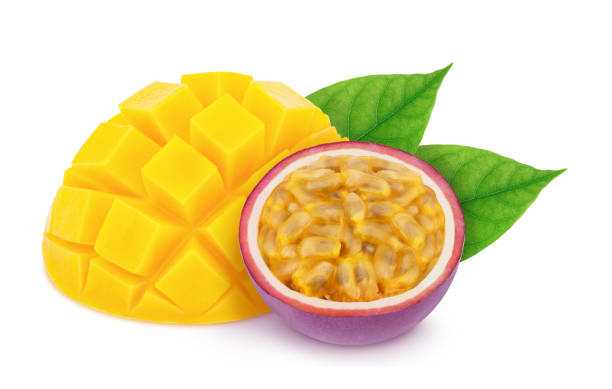 istock Colourful composition with cutted tropical fruits - passion fruit and mango isolated on a white with clipping path. 1301561441