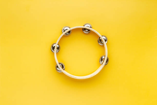 Musical instrument tambourine, top view. Music abstract background stock photo