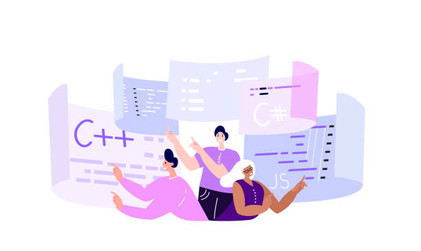 ilustraciones, imágenes clip art, dibujos animados e iconos de stock de equipo de programadores de ti que trabajan en el desarrollo web en ordenadores. concepto de codificación y programación de scripts en php, python,javascript, otros lenguajes. desarrolladores de software. ilustración de dibujos animados vectoriales plano - web designer