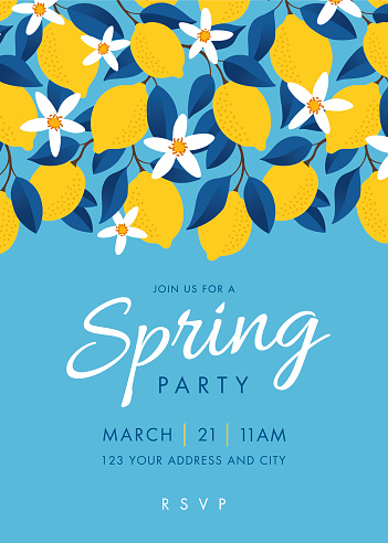 Spring Party invitation. Colorful fruit pattern of lemons on blue background. Stock illustration