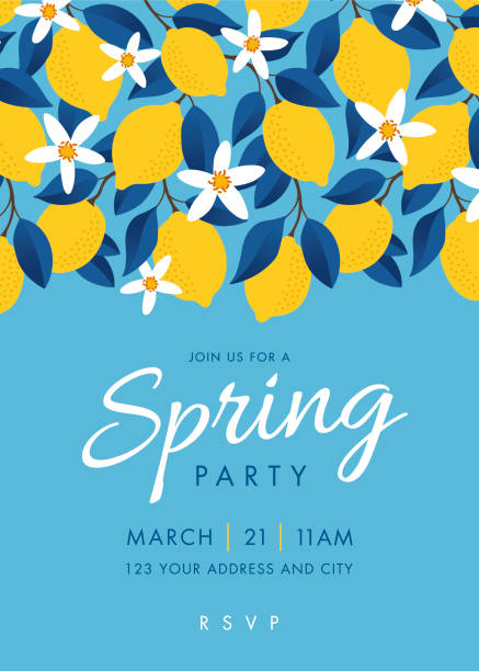 Spring Party Invitation Template. Spring Party invitation. Colorful fruit pattern of lemons on blue background. Stock illustration Invitation stock illustrations