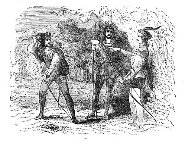 Robin Hood, Scarlet and Little John in Sherwood Forest Robin Hood, Scarlet and Little John in Sherwood Forest from out-of-copyright 1891 book "Picturesque England". sherwood forest illustrations stock illustrations