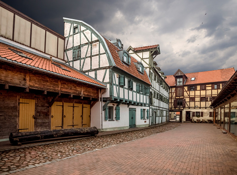 Old houses in the paved street of the Old Town of Klaipeda, Lithuania
