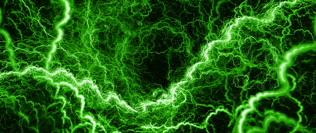 Green glowing high voltage lightning, computer generated abstract background, 3D rendering
