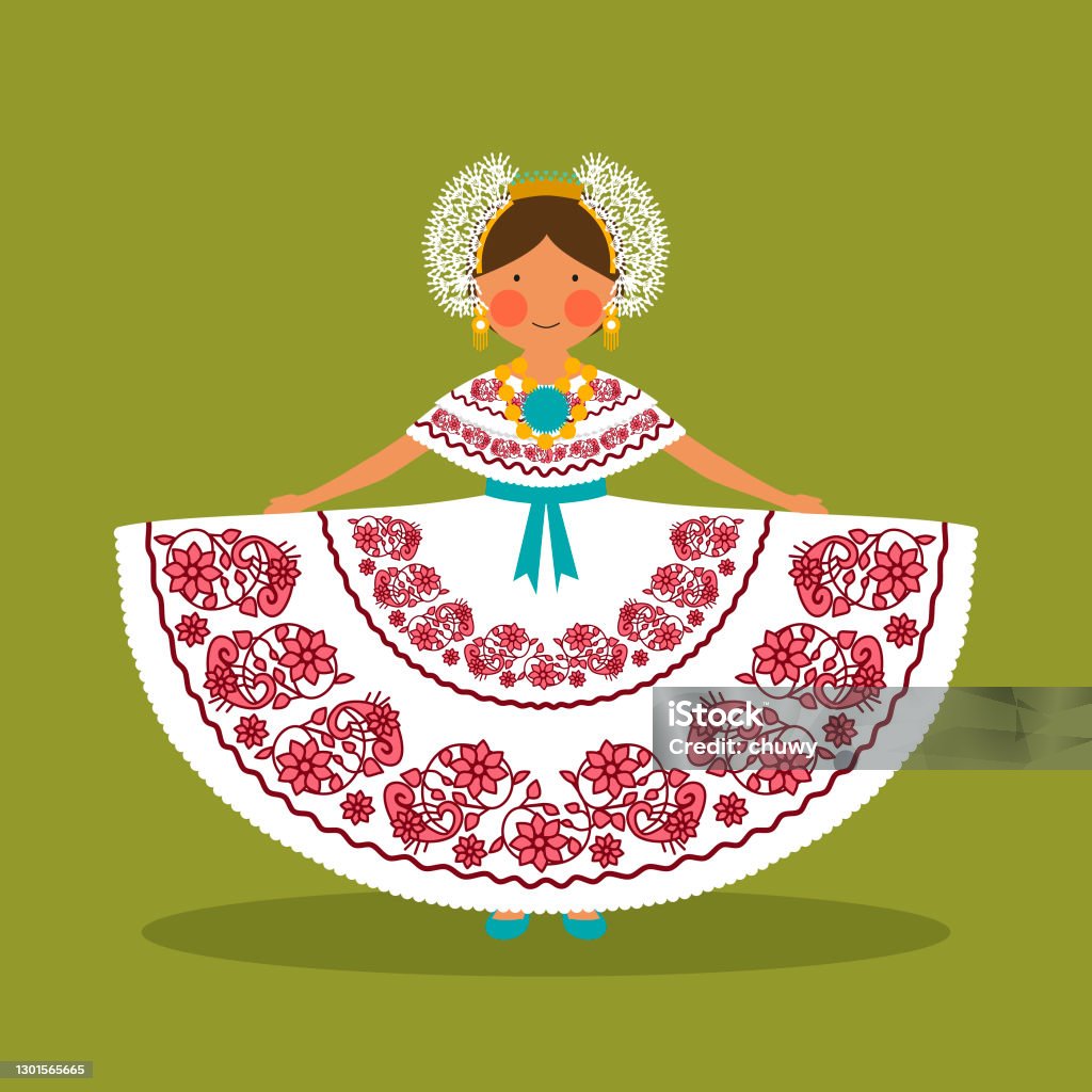 Panamanian national costume for women Girl wearing the traditional costume in Panama. Elements grouped in layers for easy edition. Vector illustration. Panama stock vector