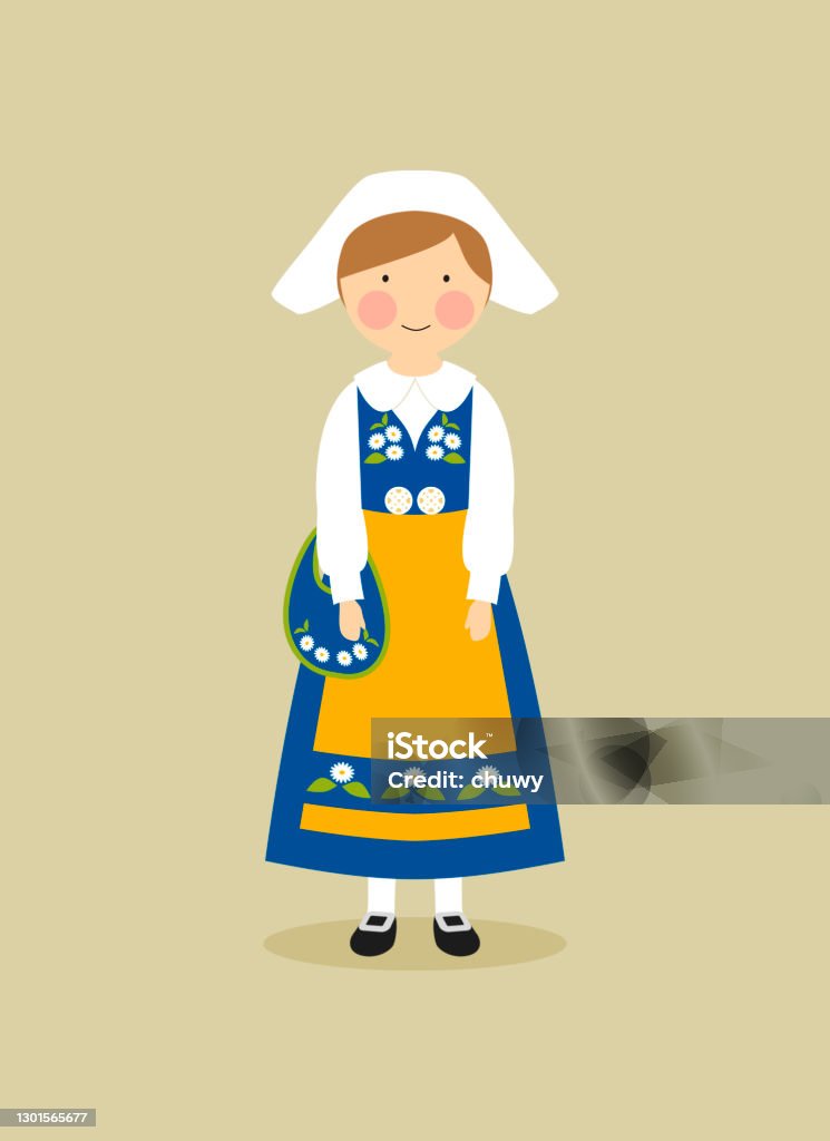 Swedish national costume for women Girl wearing the traditional costume in Sweden. Elements grouped in layers for easy edition. Vector illustration. Sweden stock vector