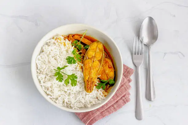 Fish Curry and Rice in a Bowl Directly Above Horizontal Photo