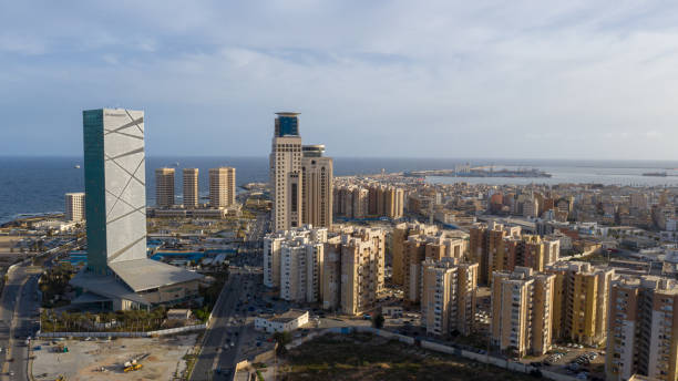 capital of libya, tripoli seafront skyline view - tripoli imagens e fotografias de stock