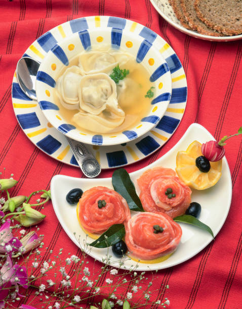 Perimeni and smoked salmon Russian food