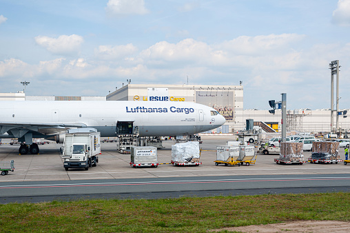 05/26/2019. Frankfurt Airport. Germany. Boeing 777 Freighter in Lufthansa cargo depot operated by Fraport and serves as the main cargo hub.