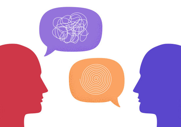 istock Vector illustration of two human heads silhouette talking through speech bubbles. Concept of psychotherapy, coaching, consulting, mental disorder, depression treatment, dialogue, psychological help 1301569744